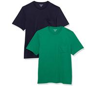 Amazon Essentials Camiseta con Bolsillo de Cuello a la Caja y Manga Corta Hombre, Pack de 2, Azul Marino/Verde, L