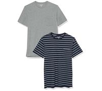 Amazon Essentials Camiseta con Bolsillo de Cuello a la Caja y Manga Corta Hombre, Pack de 2, Azul Marino Rayas/Gris Mezcla, L
