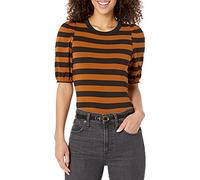Amazon Essentials Camiseta de Cuello Redondo, Manga Corta Abullonada, Corte Estándar Mujer, Negro Marrón Franja Central, XXL