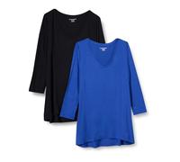 Amazon Essentials Camiseta de Manga 3/4 con Cuello en Pico (Disponible en Tallas Grandes) Mujer, Pack de 2, Negro/Azul Real, S