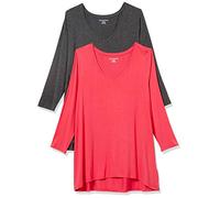 Amazon Essentials Camiseta de Manga 3/4 con Cuello en Pico (Disponible en Tallas Grandes) Mujer, Pack de 2, Carbón Mezcla/Rojo, XS