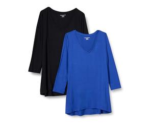 Amazon Essentials Camiseta de Manga 3/4 con Cuello en Pico (Disponible en Tallas Grandes) Mujer, Pack de 2, Negro/Azul Real, M