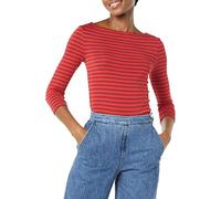 Amazon Essentials Camiseta de Manga 3/4 y Escote Barco de Corte Estrecho Mujer, Rojo Burdeos Rayas, XXL
