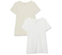 Amazon Essentials Camiseta de Manga Corta con Cuello en Pico y Corte Recto Mujer, Pack de 2, Avena Mezcla/Blanco, S