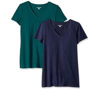 Amazon Essentials Camiseta de Manga Corta con Cuello en Pico y Corte Recto Mujer, Pack de 2, Verde Oscuro/Azul Marino, XS