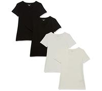 Amazon Essentials Camiseta de Manga Corta con Cuello en Pico y Corte Recto Mujer, Pack de 4, Negro/Blanco, S