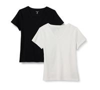 Amazon Essentials Camiseta de Manga Corta con Cuello en V 100 % Algodón, Corte Estándar Mujer, Pack de 2, Blanco/Negro, S