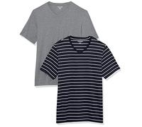 Amazon Essentials Camiseta de manga corta con cuello en V para hombre (disponible en tallas para grandes y altos), paquete de 2, gris jaspeado/rayas azul marino, talla L