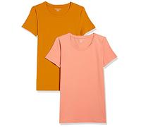 Amazon Essentials Camiseta de Manga Corta con Cuello Redondo y Corte Recto Mujer, Pack de 2, Amarillo Dorado/Naranja Coral, M