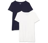 Amazon Essentials Camiseta de Manga Corta con Cuello Redondo y Corte Recto Mujer, Pack de 2, Azul Marino/Blanco, S