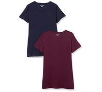 Amazon Essentials Camiseta de Manga Corta con Cuello Redondo y Corte Recto Mujer, Pack de 2, Azul Marino/Burdeos, M