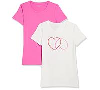 Amazon Essentials Camiseta de Manga Corta con Cuello Redondo y Corte Recto Mujer, Pack de 2, Blanco Corazones/Rosa, S