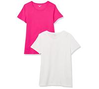 Amazon Essentials Camiseta de Manga Corta con Cuello Redondo y Corte Recto Mujer, Pack de 2, Blanco/Rosa Intenso, M