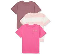Amazon Essentials Camiseta de manga corta con diseño actual Unisex Niño, Pack de 3, Blanco Raya de Rugby/Rosa Estampado Con Texto/Rosa Magenta Viejo, 2 años