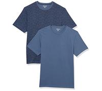 Amazon Essentials Camiseta de Manga Corta, Cuello Redondo y Corte Ajustado Hombre, Pack de 2, Azul Efecto Lavado/Azul Marino Estampado Floral, XS