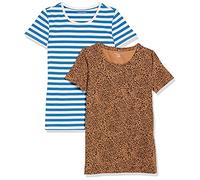 Amazon Essentials Camiseta de Manga Corta y Corte Estándar (Opciones de Cuello Redondo y Cuello en V) Mujer, Pack of 2, Azul Rayas/Camel Animal, XXL