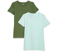 Amazon Essentials Camiseta de Manga Corta y Corte Estándar (Opciones de Cuello Redondo y Cuello en V) Mujer, Pack of 2, Verde Menta/Verde Militar, L