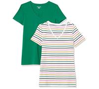 Amazon Essentials Camiseta de Manga Corta y Corte Estándar (Opciones de Cuello Redondo y Cuello en V) Mujer, Pack of 2, Blanco Rayas/Verde, M