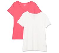 Amazon Essentials Camiseta de Manga Corta y Corte Estándar (Opciones de Cuello Redondo y Cuello en V) Mujer, Pack of 2, Rosa Brillante/Blanco, M