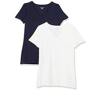 Amazon Essentials Camiseta de Manga Corta y Corte Estándar (Opciones de Cuello Redondo y Cuello en V) Mujer, Pack of 2, Azul Marino/Blanco, L