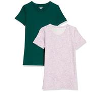 Amazon Essentials Camiseta de Manga Corta y Corte Estándar (Opciones de Cuello Redondo y Cuello en V) Mujer, Pack of 2, Lila Estampado de Animales/Verde Oscuro, M