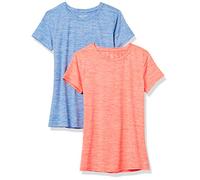 Amazon Essentials Camiseta Deportiva Elástica de Secado Rápido, Manga Corta y Cuello Redondo Mujer, Paquete de 2, Azul Claro Teñido Multicolor/Naranja Coral Teñido Multicolor, S