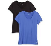 Amazon Essentials Camiseta Elástica de Secado Rápido, Manga Corta y Cuello en V (Hay Tallas Grandes) Mujer, Paquete de 2, Azul Brillante/Negro, XS