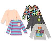 Amazon Essentials Camisetas Manga Larga - Colores interrumpidos Niño, Pack de 5, Bloque de Color/Estampado con Texto/Estampado de Extraterrestres, 4 años