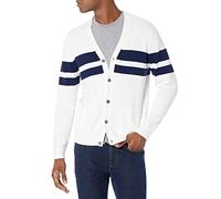 Amazon Essentials Cárdigan de algodón para Hombre, diseño de Rayas de Rugby Blanco y Azul Marino, XS