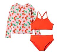 Amazon Essentials Conjunto de bikini de tres piezas de manga larga con protector de erupción Niña, Fresas/Rojo Tomate, 6-7 años
