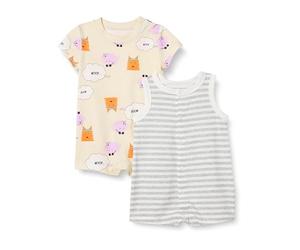 Amazon Essentials Conjunto de Peleles sin Mangas y de Manga Corta Unisex Bebés, Pack de 2, Beige Perros/Mezcla Rayas, Prematuro