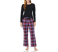 Amazon Essentials Conjunto para Dormir Ligero con Pantalón de Franela y Camiseta de Manga Larga Mujer, Azul Tartán Mixto/Negro, L