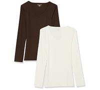 Amazon Essentials Cuello en V de punto acanalado de manga larga para mujer (disponible en tallas extragrandes), paquete de 2, blanco cáscara de huevo/espresso, talla XXL