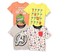 Amazon Essentials Disney | Marvel | Star Wars Camisetas de Manga Corta Niño, Pack de 4, Avengers Logo/Marvel Power, 6-7 años