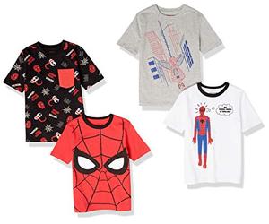 Amazon Essentials Disney | Marvel | Star Wars Camisetas de Manga Corta Niño, Pack de 4, Estampado del Hombre Araña de Marvel, 6-7 años