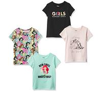 Amazon Essentials Disney | Marvel | Star Wars | Frozen | Princess Camisetas de Manga Corta Niña, Pack de 4, Negro/Verde/Rosa/Princesa Al Poder, 10 años