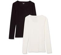 Amazon Essentials Jersey Ajustado Acanalado con Cuello Redondo (Disponible en Tallas Grandes) Mujer, Pack de 2, Cáscara de Huevo/Negro, XXL