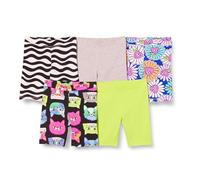 Amazon Essentials Pantalón Corto de Ciclismo de Altura Media Niña, Pack de 5, Azul Flores/Blanco Estampado de Olas/Gris/Negro Gato/Verde Lima, 3 años