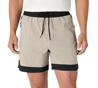 Amazon Essentials Pantalón Corto de Entrenamiento de Rendimiento Deportivo, Tejido Elástico en Contraste, con Tiro de 15,2cm y Bolsillos con Cremallera Hombre, Beige/Negro, M