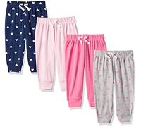 Amazon Essentials Pantalones con Cintura Elástica de Algodón Bebé Niña, Pack de 4, Azul Marino/Gris Corazones/Rosa/Rosa Claro, 0-3 Meses
