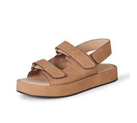 Amazon Essentials Sandalia con Plataforma Plana y Triple Correa Ajustable Mujer, Camel Efecto Micro Gamuza, 35 EU