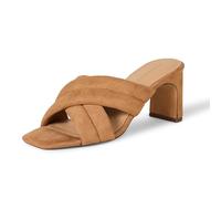 Amazon Essentials Sandalia de tacón con Correas Cruzadas Acolchadas y Plantilla de Espuma viscoelástica Mujer, Bronceado Efecto Micro Gamuza, 38.5 EU