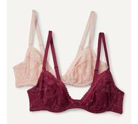 Amazon Essentials Sujetador de Escote Pronunciado con Aros, de Encaje Elástico en Toda la Prenda y Sin Acolchado Mujer, Burdeos/Pétalo Claro, 90C
