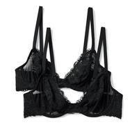 Amazon Essentials Sujetador de Escote Pronunciado con Aros Sin Acolchado con Encaje Elástico con Detalles Mujer, Pack de 2, Negro, 90A