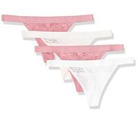 Amazon Essentials Tanga de Tira en Algodón y Encaje Mujer, Pack de 4, Blanco Brillante/Rosa Pálido/Malva, 40