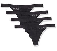Amazon Essentials Tanga de Tira en Algodón y Encaje Mujer, Pack de 4, Negro, 42