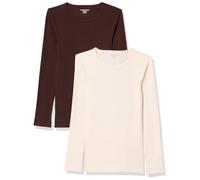 Amazon Essentials Top Ajustado de Punto Acanalado de Manga Larga con Cuello Redondo (Disponible en Tallas Grandes) Mujer, Pack de 2, Cáscara de Huevo/Expresso, XS