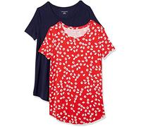 Amazon Essentials Túnica de Cuello Redondo y Manga Corta Mujer, Pack de 2, Azul Marino/Rojo Flores, XL