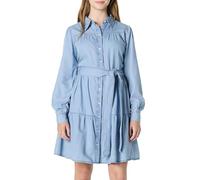 Amazon Essentials Vestido Camisero Escalonado de Manga Larga de Cambray Vaquero Ajustado y con Vuelo Mujer, Lavado Claro Azul Helado, S