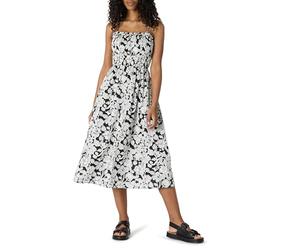 Amazon Essentials Vestido con Corpiño Nido de Abeja de Satén de Algodón de Corte Recto Mujer, Negro Marfil Folk Floral, S
